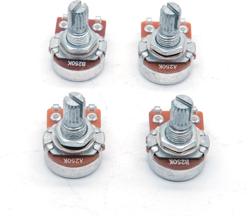 harpfeas 4PCS Mini Guitar Potentiometer Audio Volume Taper Pots for Fender Stratocaster Telecaster Guitar Bass Replacement (Short 15mm, A250K B250K) - Image 1
